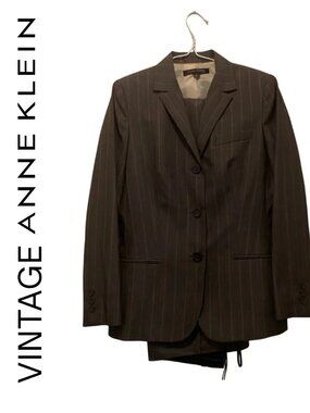 Anne Klein Gray Pinstripe Wool Blend Pantsuit | Timeless Career Chic | Size 10